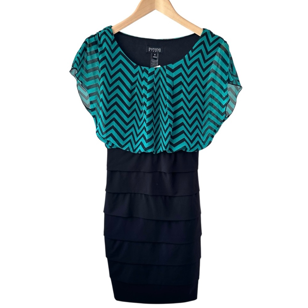 Chevron Colorblock Dress Size 6 Black Green Short Sleeve Pencil Evening Office